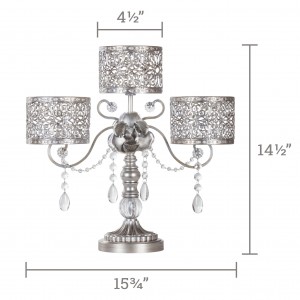 Amalfi Decor Antique 3 Pillar Crystal-Draped Hurricane Candle Holder Centerpiece (Silver) | H | Stainless Steel Frame with Glass Crystals   
